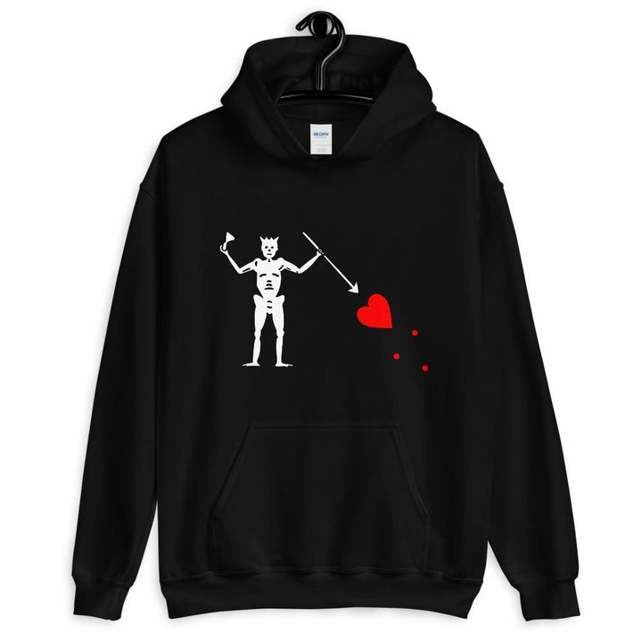 Black unisex hoodie with the purported pirate flag of Blackbeard, consisting of a white horned skeleton using a spear to pierce a red bleeding heart, typically attributed to the pirate Edward Teach, better known as Blackbeard.