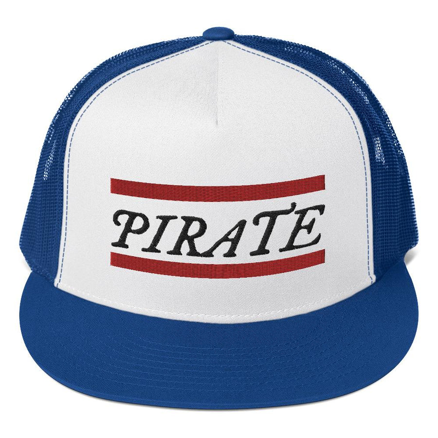 Stylish trucker cap with word "Pirate" written horizontally in IM Fell font between two crimson red bars on the front of cap. Cap brim is royal blue, front of cap is white, sides of cap are royal blue. All lettering is in Black.
