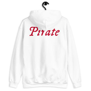White unisex Hoodie with word "Pirate" written horizontally in IM Fell font on the front and back of the hoodie. Lettering is in Red.