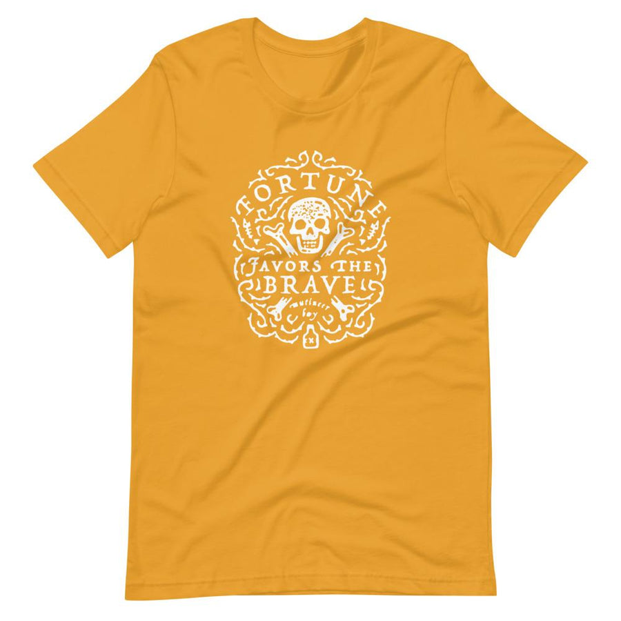 Mustard Yellow short sleeve t-shirt with centered skull and cross bones, with small additional artistic accents, surrounded in a circular pattern with "Fortune Favors the Brave". All lettering and imagining is in White.
