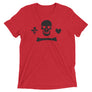 Red unisex short sleeve t-shirt depicting the pirate flag of Stede Bonnet "The Gentleman Pirate" represented as a black skull above a black horizontal long bone between black a heart and a black dagger.