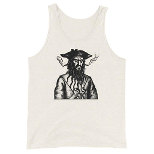 Oatmeal unisex Tank Top Red sweatshirt with a black image of "Blackbeard the Pirate" this was published in Defoe, Daniel; Johnson, Charles (1736 - although Angus Konstam says the image is circa 1726)
