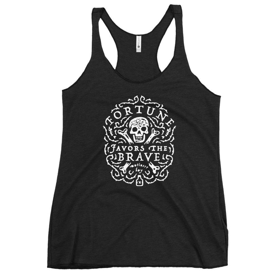 Black Racerback tank top with centered skull and cross bones, with small additional artistic accents, surrounded in a circular pattern with "Fortune Favors the Brave". All lettering and imagining is in White.