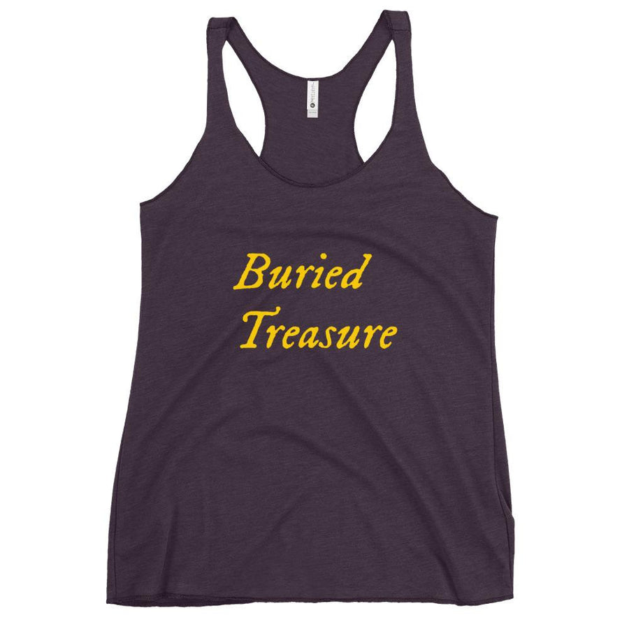 Maroon racerback tank top with wording "Buried Treasure" written on two horizontal rows in IM Fell font on the front. Lettering is in Canary Yellow.