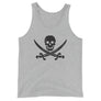 Grey unisex tank top with Jack Rackham pirate flag represented as a black skull above two black crossed swords, which contributed to the popularization of pirates worldwide.