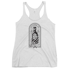 White racerback tank top with image of skeleton hands holding up a rum bottle with the "No Rum, No Fun" written in the middle. In small semi circle above the bottle, "Mutineer Bay" is written. All images and lettering is in black.