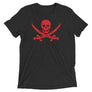 Black short sleeve t-shirt with Jack Rackham pirate flag represented as a red skull above two red crossed swords, which contributed to the popularization of pirates worldwide.