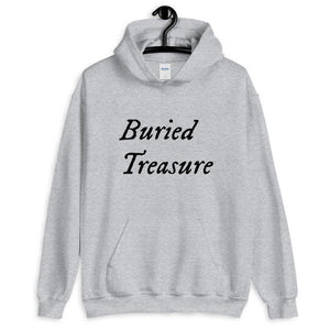 Light Grey unisex Hoodie with wording "Buried Treasure" written on two horizontal rows in IM Fell font on the front. Lettering is in Black.