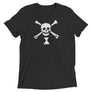 Charcoal Black short sleeve t-shirt depicting white  pirate flag of Emanuel Wynn, famous French pirate, which is a variant of crossbones motif with an addition of an hourglass which represented that pirate prey's time is up.