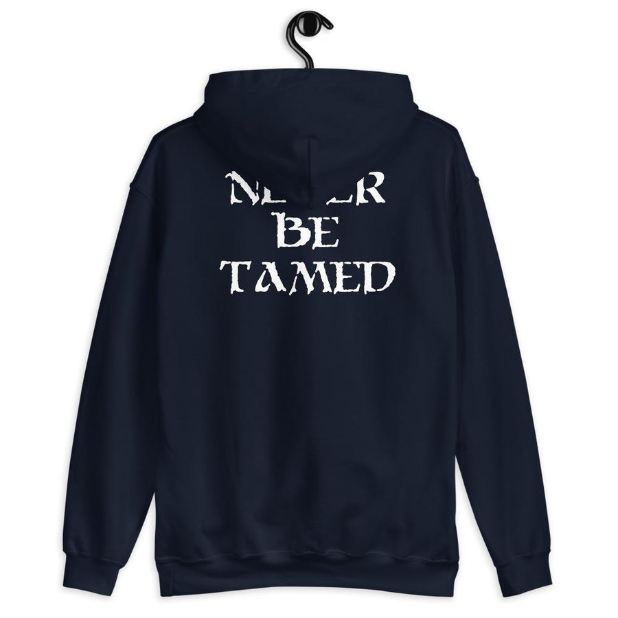 Navy unisex Blue hoodie depicting white Mutineer Bay trademarked logo on the front. On the back is Mutineer Bay's trademarked slogan "Never Be Tamed" on three horizontal rows. All lettering is in White.