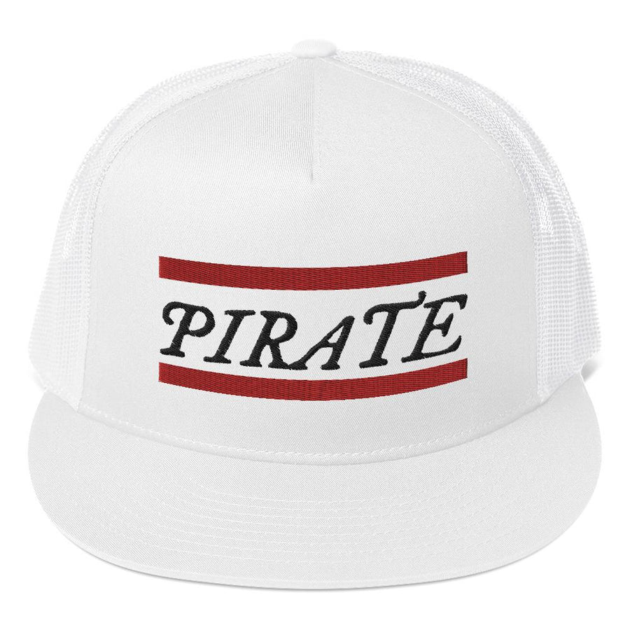 Stylish all white trucker cap with word "Pirate" written horizontally in IM Fell font between two crimson red bars on the front of cap. Cap. All lettering is in Black.