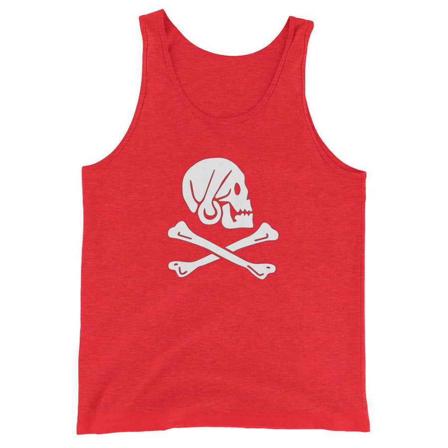 Red unisex tank top with Henry Every pirate flag which depicts a white skull in profile wearing a kerchief and an earring, above a saltire of two white crossed bones