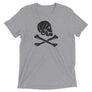 Dark Grey unisex short sleeve t-shirt with Henry Every pirate flag which depicts a black skull in profile wearing a kerchief and an earring, above a saltire of two black crossed bone