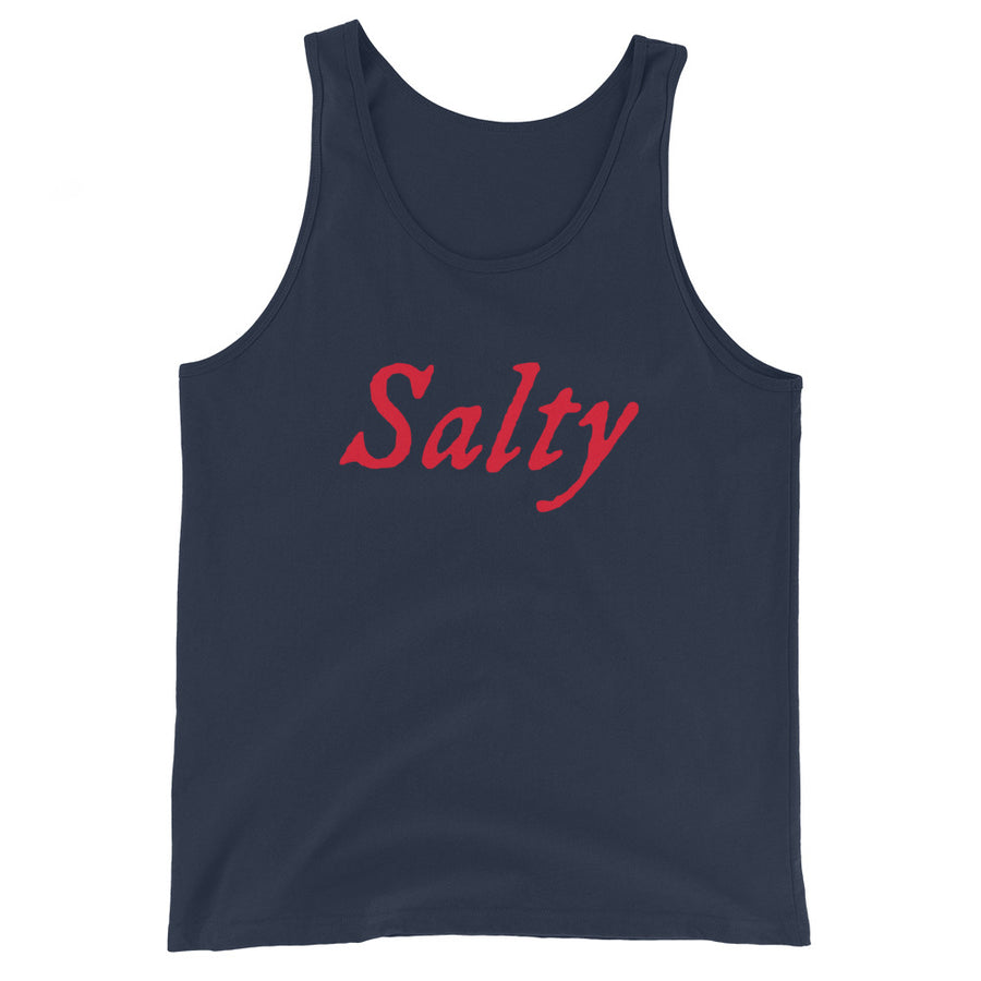 Navy Blue unisex tank top with wording "Salty" written on one horizontal row in IM Fell font on the front. Lettering is in Red.