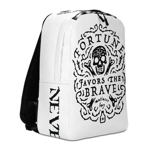 Minimalist backpack with centered skull and cross bones, with small additional artistic accents, surrounded in a circular pattern with "Fortune Favors the Brave". All lettering and imagining is in Black.