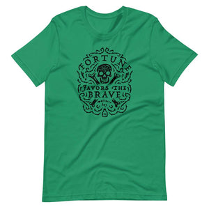 Green short sleeve t-shirt with centered skull and cross bones, with small additional artistic accents, surrounded in a circular pattern with "Fortune Favors the Brave". All lettering and imagining is in Black.