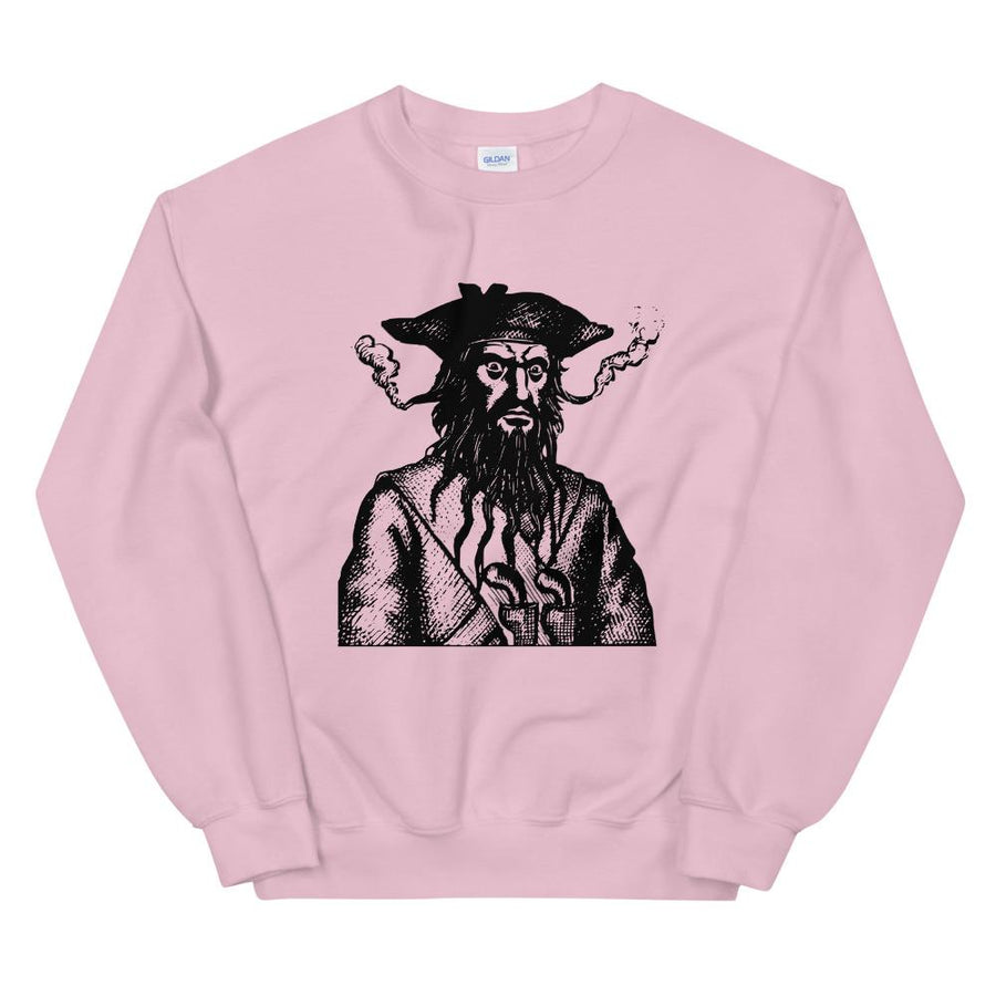 Pink sweatshirt with a black image of "Blackbeard the Pirate" this was published in Defoe, Daniel; Johnson, Charles (1736 - although Angus Konstam says the image is circa 1726)