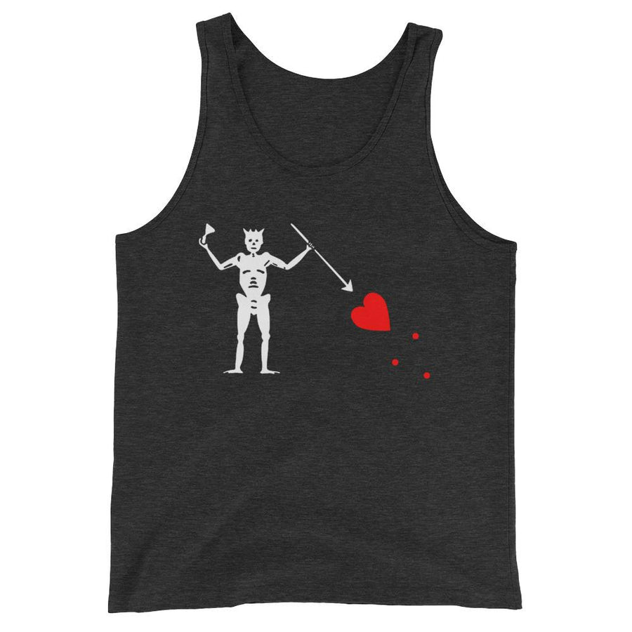 Black tank top with the purported pirate flag of Blackbeard, consisting of a white horned skeleton using a spear to pierce a red bleeding heart, typically attributed to the pirate Edward Teach, better known as Blackbeard.