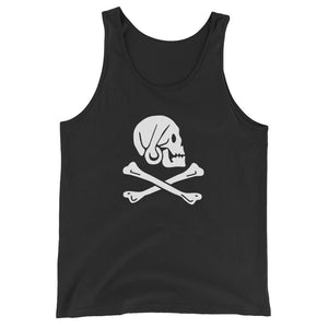 Black unisex tank top with Henry Every pirate flag which depicts a white skull in profile wearing a kerchief and an earring, above a saltire of two white crossed bones