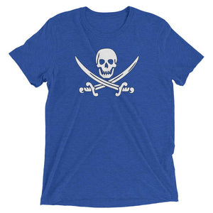Royal Blue t-shirt with Jack Rackham pirate flag represented as a white skull above two crossed swords, which contributed to the popularization of pirates worldwide.