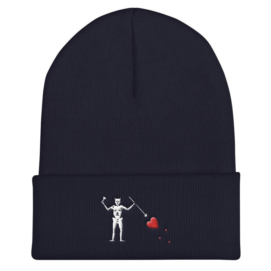 Black beanie hat with the purported pirate flag of Blackbeard, consisting of a white horned skeleton using a spear to pierce a red bleeding heart, typically attributed to the pirate Edward Teach, better known as Blackbeard.