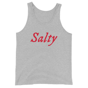 Grey unisex tank top with wording "Salty" written on one horizontal row in IM Fell font on the front. Lettering is in Red.