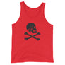 Red unisex tank top with Henry Every pirate flag which depicts a black skull in profile wearing a kerchief and an earring, above a saltire of two black crossed bone