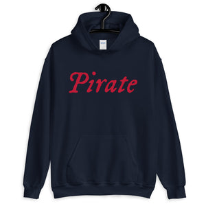 Navy Blue unisex  Hoodie with word "Pirate" written horizontally in IM Fell font on the front and back of the hoodie. Lettering is in Red.