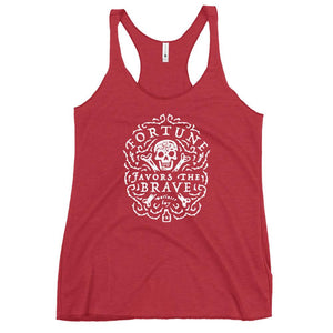 Crimson Racerback tank top with centered skull and cross bones, with small additional artistic accents, surrounded in a circular pattern with "Fortune Favors the Brave". All lettering and imagining is in White.