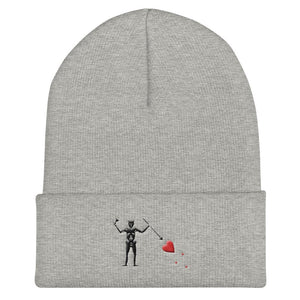 Grey beanie hat with the purported pirate flag of Blackbeard, consisting of a white horned skeleton using a spear to pierce a red bleeding heart, typically attributed to the pirate Edward Teach, better known as Blackbeard.