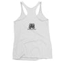 White racerback tank top with Henry Every pirate flag which depicts a black skull in profile wearing a kerchief and an earring, above a saltire of two black crossed bone
