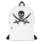 White minimalist backpack with Jack Rackham pirate flag represented as a black skull above two black crossed swords, which contributed to the popularization of pirates worldwide