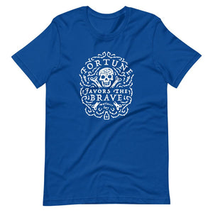 Royal Blue short sleeve t-shirt with centered skull and cross bones, with small additional artistic accents, surrounded in a circular pattern with "Fortune Favors the Brave". All lettering and imagining is in White.