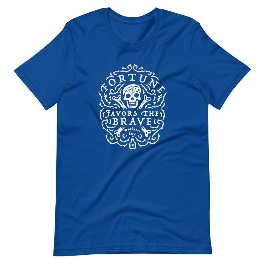 Royal Blue short sleeve t-shirt with centered skull and cross bones, with small additional artistic accents, surrounded in a circular pattern with "Fortune Favors the Brave". All lettering and imagining is in White.