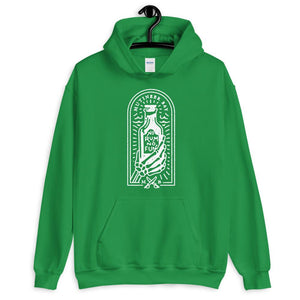 Green unisex hoodie with image of skeleton hands holding up a rum bottle with the "No Rum, No Fun" written in the middle. In small semi circle above the bottle, "Mutineer Bay" is written. All images and lettering is in White.