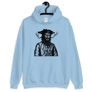 Powder Blue unisex Hoodie with a black image of "Blackbeard the Pirate" this was published in Defoe, Daniel; Johnson, Charles (1736 - although Angus Konstam says the image is circa 1726)