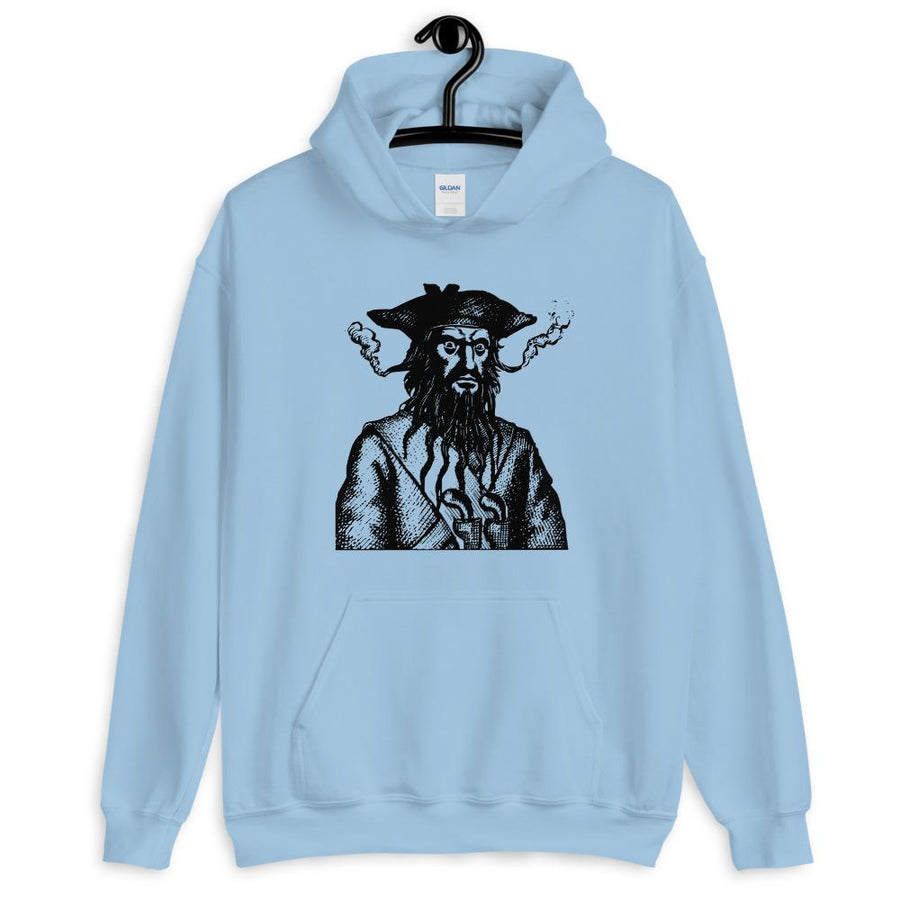 Powder Blue unisex Hoodie with a black image of "Blackbeard the Pirate" this was published in Defoe, Daniel; Johnson, Charles (1736 - although Angus Konstam says the image is circa 1726)