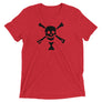 Red short sleeve t-shirt depicting black pirate flag of Emanuel Wynn, famous French pirate, which is a variant of crossbones motif with an addition of an hourglass which represented that pirate prey's time is up.