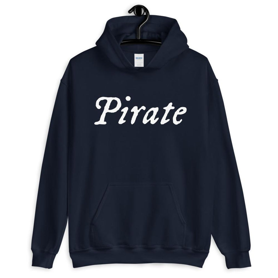 Black unisex Hoodie with word "Pirate" written horizontally in IM Fell font on the front and back of the hoodie. Lettering is in white.