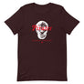 Black short sleeve t-shirt with "Pirates Honor Loyalty" written horizontally transposed over skull outline. Lettering is in red and skull is in white.