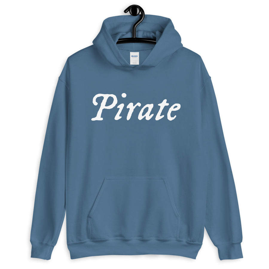 Light Blue unisex Hoodie with word "Pirate" written horizontally in IM Fell font on the front and back of the hoodie. Lettering is in white.