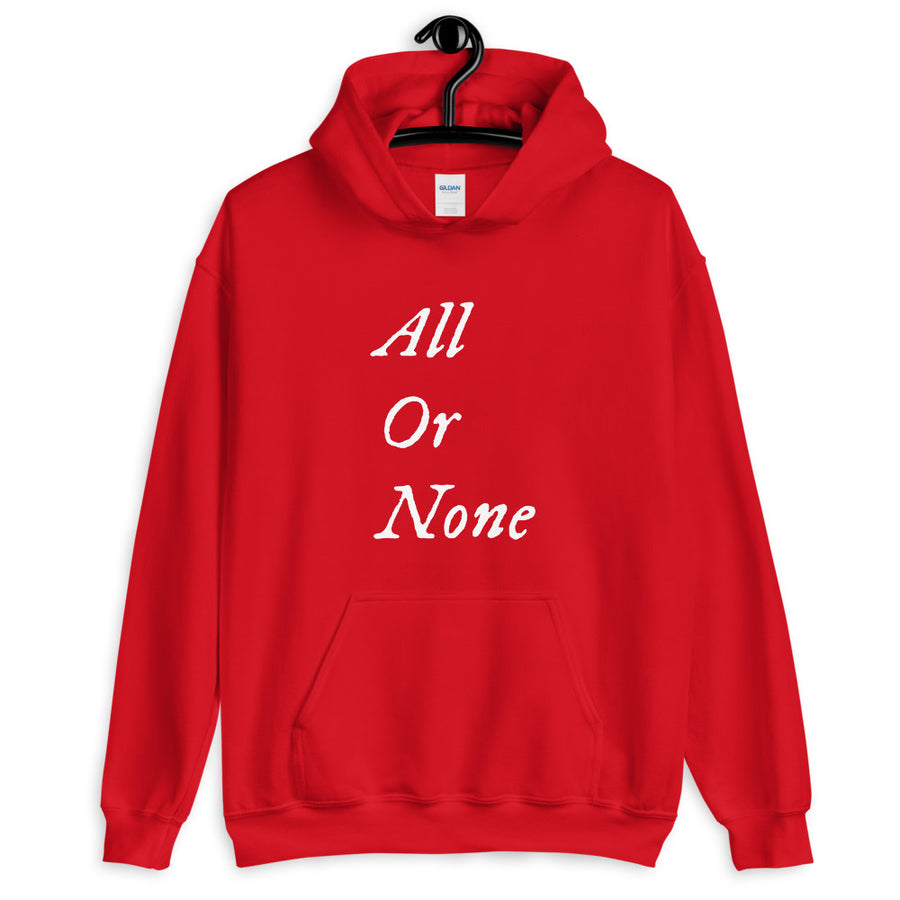 Red unisex Hoodie with words "All or None" written vertically in IM Fell font on the middle of the apparel. Lettering is in white.