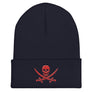 Navy Blue beanie hat with Jack Rackham pirate flag represented as a red skull above two red crossed swords, which contributed to the popularization of pirates worldwide