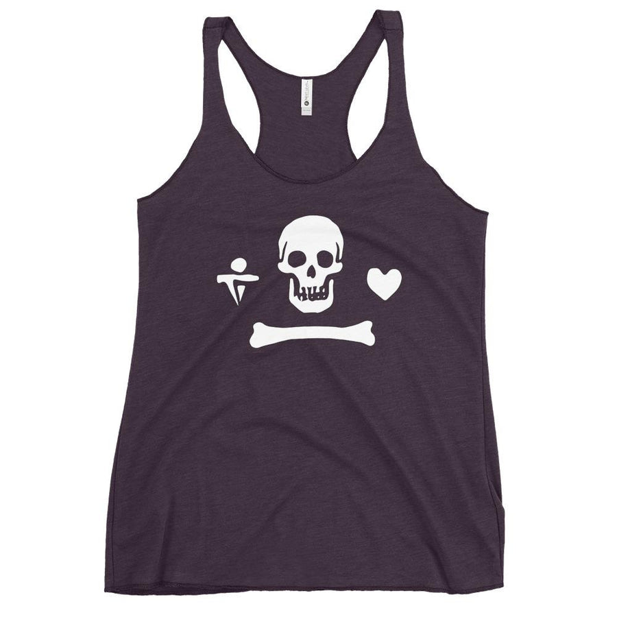 Black racerback tank top depicting the pirate flag of Stede Bonnet "The Gentleman Pirate" represented as a white skull above a horizontal long bone between a heart and a dagger, all on a black field.