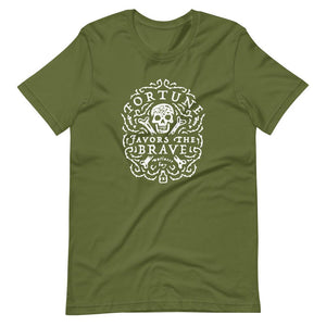 Mustard Green short sleeve t-shirt with centered skull and cross bones, with small additional artistic accents, surrounded in a circular pattern with "Fortune Favors the Brave". All lettering and imagining is in White.