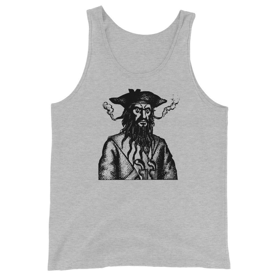 Light Grey unisex Tank Top Red sweatshirt with a black image of "Blackbeard the Pirate" this was published in Defoe, Daniel; Johnson, Charles (1736 - although Angus Konstam says the image is circa 1726)