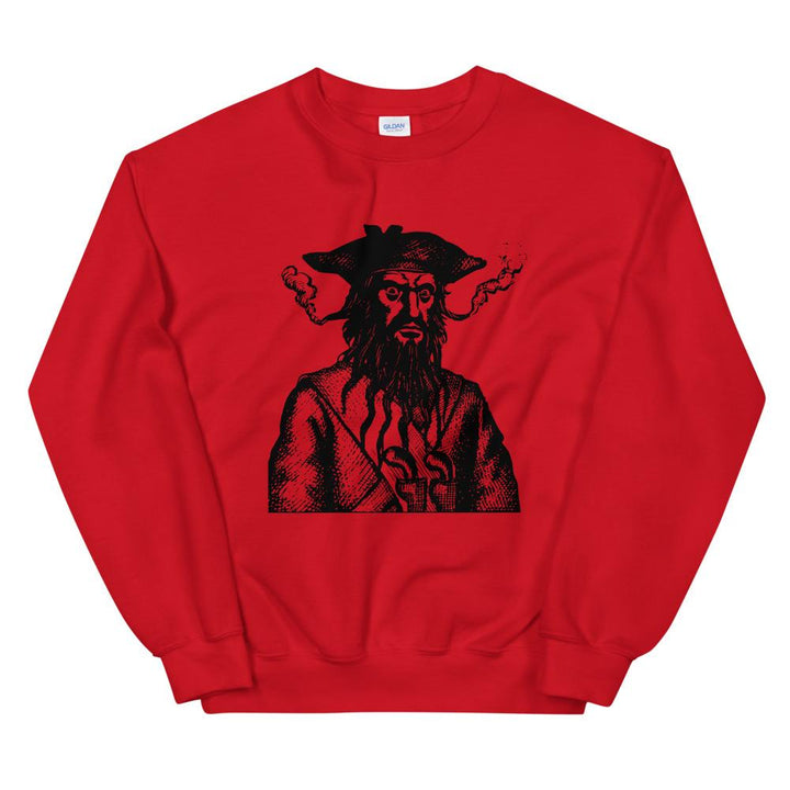 Red sweatshirt with a black image of "Blackbeard the Pirate" this was published in Defoe, Daniel; Johnson, Charles (1736 - although Angus Konstam says the image is circa 1726)