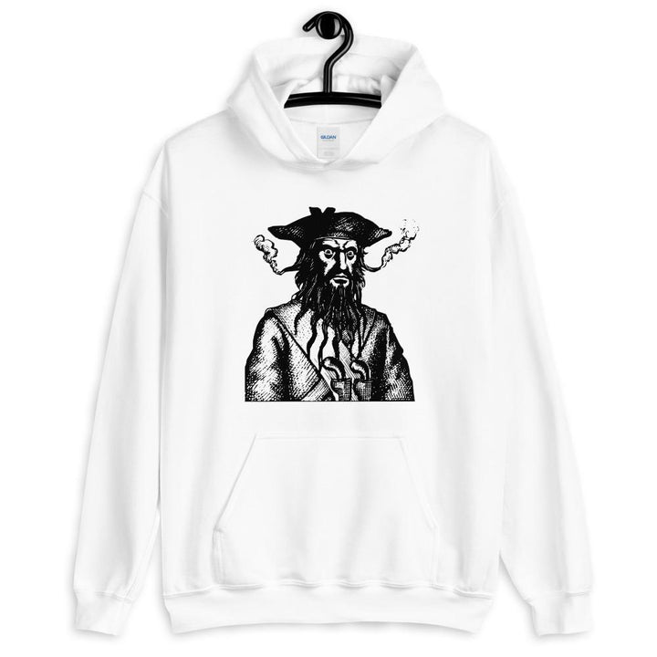 White unisex Hoodie with a black image of "Blackbeard the Pirate" this was published in Defoe, Daniel; Johnson, Charles (1736 - although Angus Konstam says the image is circa 1726)