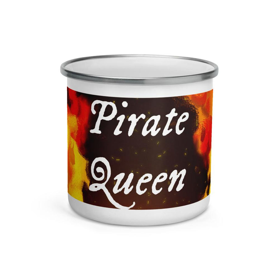 Enamel mug with "Pirate Queen" written on two horizontal rows in white IM Fell font over top of the image of fiery flames.