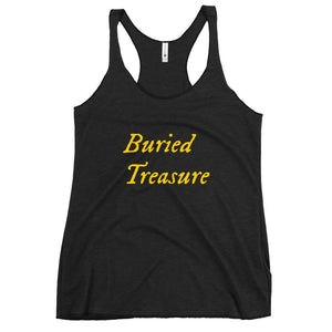 Black racerback tank top with wording "Buried Treasure" written on two horizontal rows in IM Fell font on the front. Lettering is in Canary Yellow.